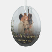 黒エレガント金ゴールド家族フォトメリークリスマス ガラスオーナメント (正面左)