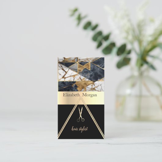 黒エレガント金ゴールド幾何大理石ハサミ 名刺 (スタンド正面)