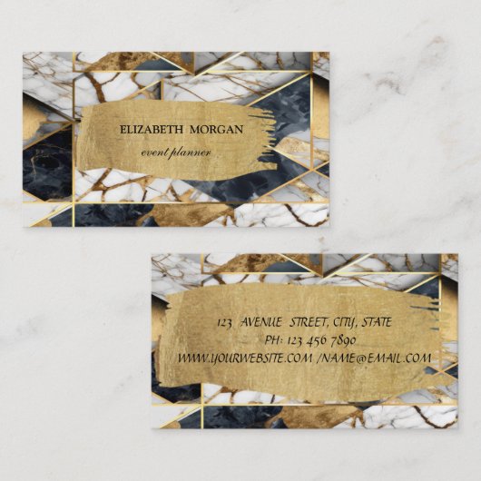 黒エレガント金ゴールド幾何大理石ブラシストローク 名刺 (正面/裏面)