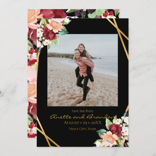 黒エレガント金ゴールド幾何学的ブルゴーニュフローラ セーブザデート (正面/裏面)