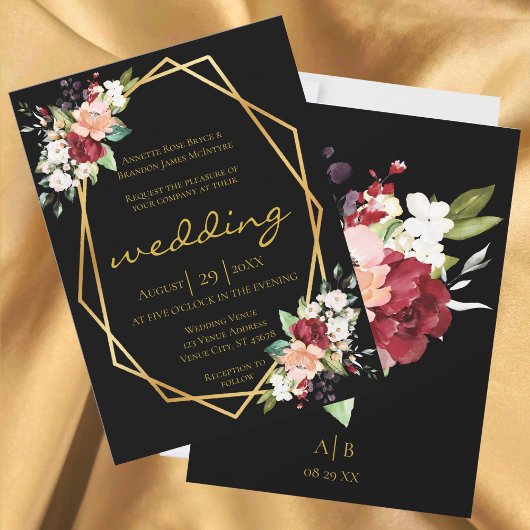 黒エレガント金ゴールド幾何学的ブルゴーニュフローラ 招待状