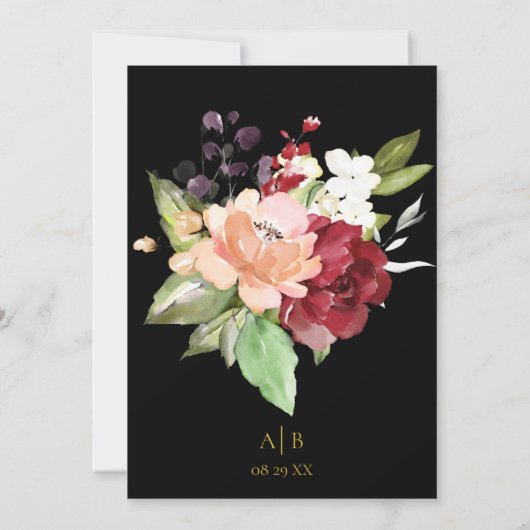 黒エレガント金ゴールド幾何学的ブルゴーニュフローラ 招待状 (裏面)