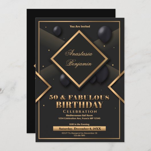 黒エレガント金ゴールド幾何学誕生日パーティカスタムー 招待状 (正面/裏面)