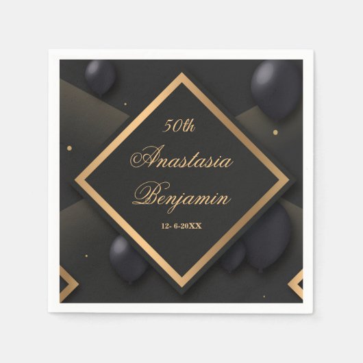 黒エレガント金ゴールド幾何学誕生日パーティー スタンダードカクテルナプキン (正面)