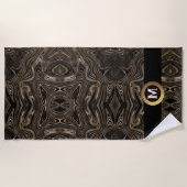 黒エレガント金ゴールド抽象芸術旋回モノグラム ビーチタオル (正面)