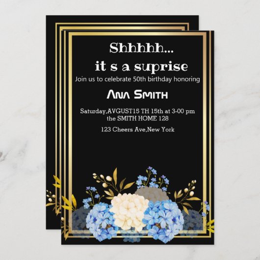 黒エレガント金ゴールド招待状驚き 招待状 (正面/裏面)