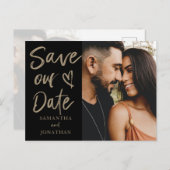 黒エレガント金ゴールド救写真結婚日 案内ポストカード (正面/裏面)