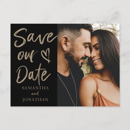 黒エレガント金ゴールド救写真結婚日 案内ポストカード (正面)