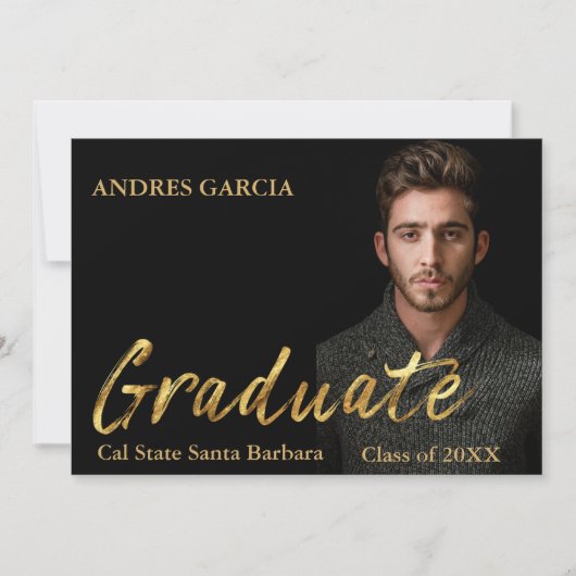 黒エレガント金ゴールド文字オーバーレイ大学院写真 案内状 (正面)