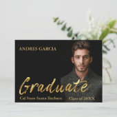 黒エレガント金ゴールド文字オーバーレイ大学院写真 案内状 (スタンド正面)