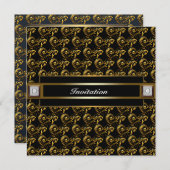 黒エレガント金ゴールド旋回ダイヤモンドパーティー 招待状 (正面/裏面)