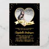 黒エレガント金ゴールド星空16誕生日写真 箔招待状 (正面)