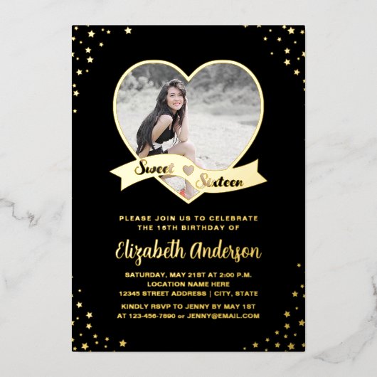 黒エレガント金ゴールド星空16誕生日写真 箔招待状 (正面)