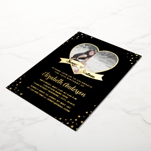 黒エレガント金ゴールド星空16誕生日写真 箔招待状 (回転した状態)
