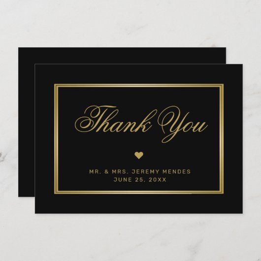 黒エレガント金ゴールド書道ハート結婚写真 サンキューカード (正面/裏面)