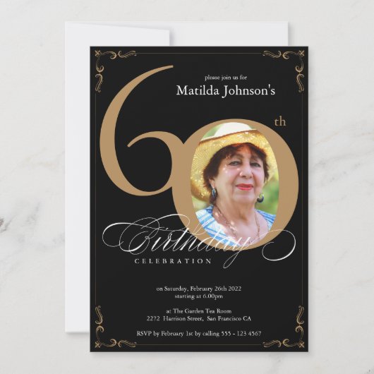 黒エレガント金ゴールド書道写真60誕生日 招待状 (正面)
