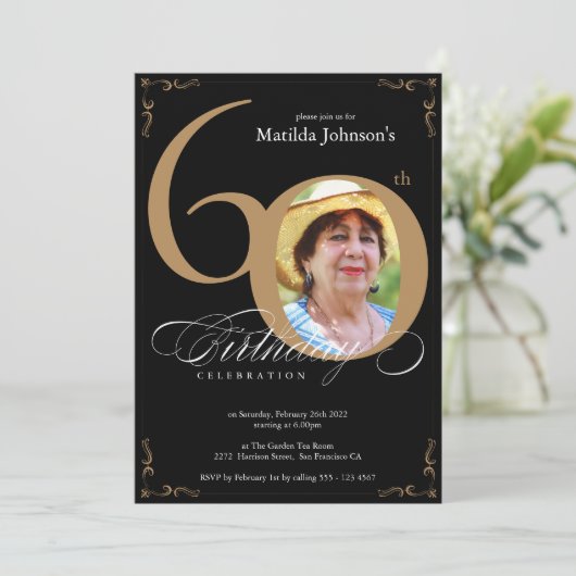 黒エレガント金ゴールド書道写真60誕生日 招待状 (スタンド正面)