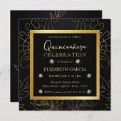黒エレガント金ゴールド植物学キンセアニェラ 招待状 (正面/裏面)