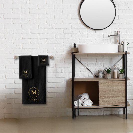 黒エレガント金ゴールド植物学リースモノグラム バスタオルセット