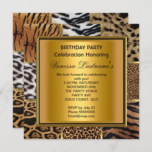 黒エレガント金ゴールド混成動物誕生日パーティー 招待状 (正面/裏面)