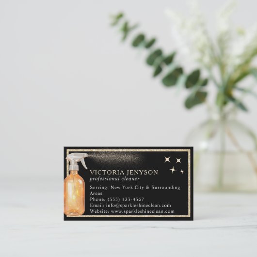 黒エレガント金ゴールド清掃サービスQrコード 名刺 (スタンド正面)