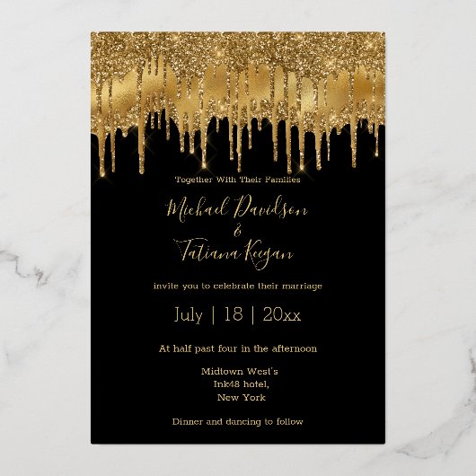 黒エレガント金ゴールド滴下グリッターシック結婚s 箔招待状 (正面)