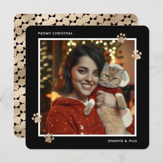 黒エレガント金ゴールド猫のオーナー写真Meowyクリスマス シーズンカード (正面/裏面)