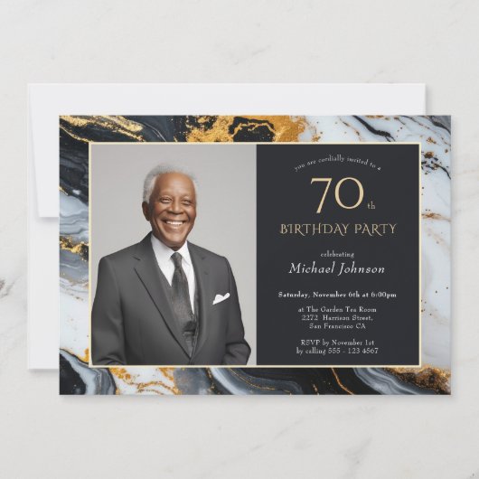 黒エレガント金ゴールド瑪瑙フォト70誕生日 招待状 (正面)