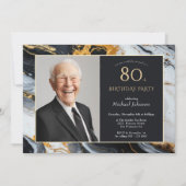 黒エレガント金ゴールド瑪瑙フォト80誕生日 招待状 (正面)