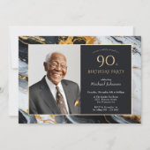 黒エレガント金ゴールド瑪瑙フォト90誕生日 招待状 (正面)