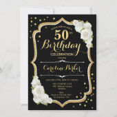黒エレガント金ゴールド白写真第50誕生日 招待状 (正面)