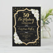 黒エレガント金ゴールド白写真第50誕生日 招待状 (スタンド正面)