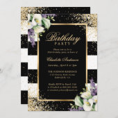黒エレガント金ゴールド紙吹雪カラリリー誕生日 招待状 (正面/裏面)