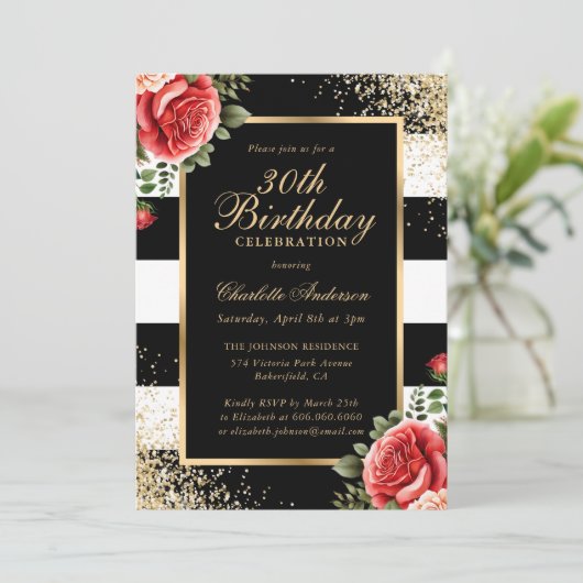 黒エレガント金ゴールド紙吹雪レッドローズ30歳の誕生日 招待状 (スタンド正面)