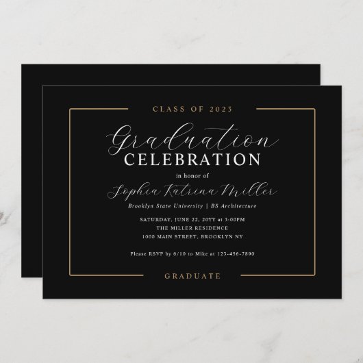 黒エレガント金ゴールド級大学院卒業パーティー 招待状 (正面/裏面)
