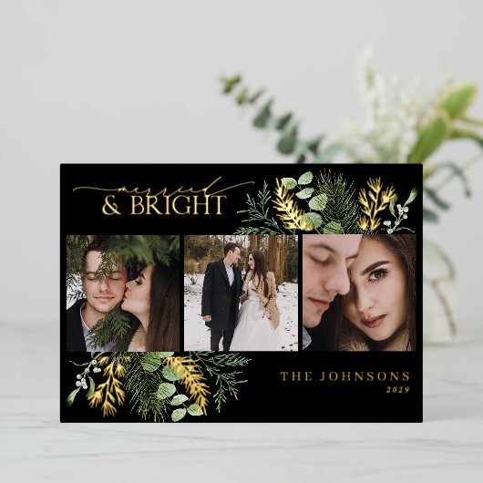 黒エレガント金ゴールド結婚したと明るいクリスマス 箔シーズンカード (立ち正面)