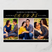 黒エレガント金ゴールド結婚の写真日付の保存 箔招待状 (正面)