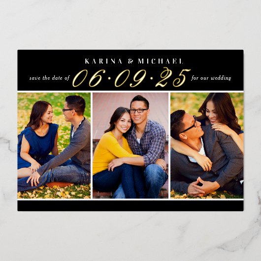 黒エレガント金ゴールド結婚の写真日付の保存 箔招待状 (正面)