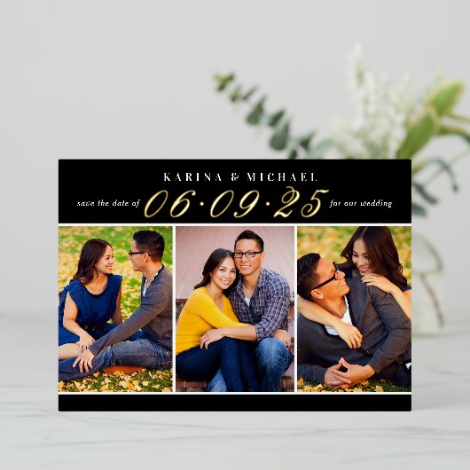 黒エレガント金ゴールド結婚の写真日付の保存 箔招待状 (立ち正面)