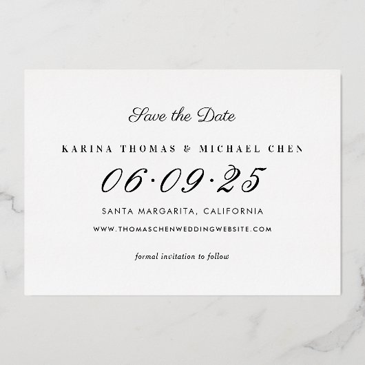 黒エレガント金ゴールド結婚の写真日付の保存 箔招待状 (裏面)