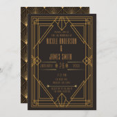 黒エレガント金ゴールド結婚アールデコ 招待状 (正面/裏面)
