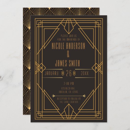 黒エレガント金ゴールド結婚アールデコ 招待状 (正面/裏面)