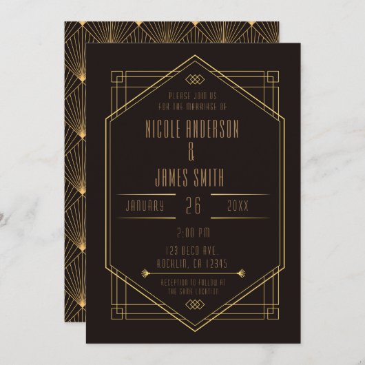 黒エレガント金ゴールド結婚アールデコ 招待状 (正面/裏面)