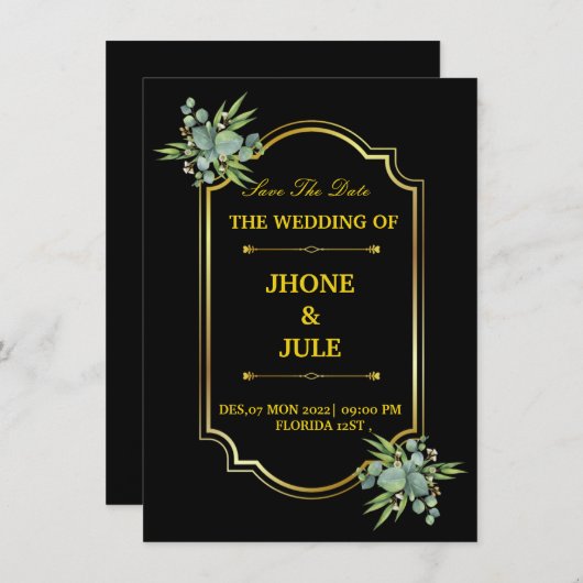 黒エレガント金ゴールド結婚式招待状 招待状 (正面/裏面)