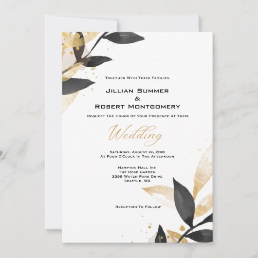 黒エレガント金ゴールド結婚 招待状 (正面)