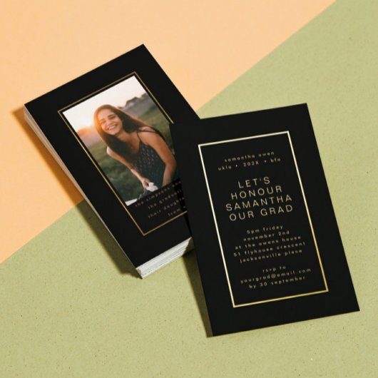 黒エレガント金ゴールド縁ど写真大学卒業 箔招待状