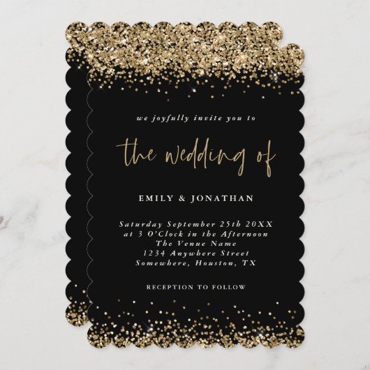 黒エレガント金ゴールド縁ど結婚グリッター 招待状 (正面/裏面)