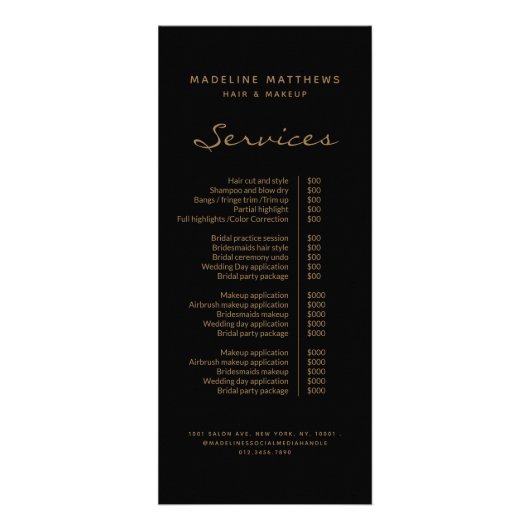 黒エレガント金ゴールド美容師サービス価格表 ラックカード (正面)