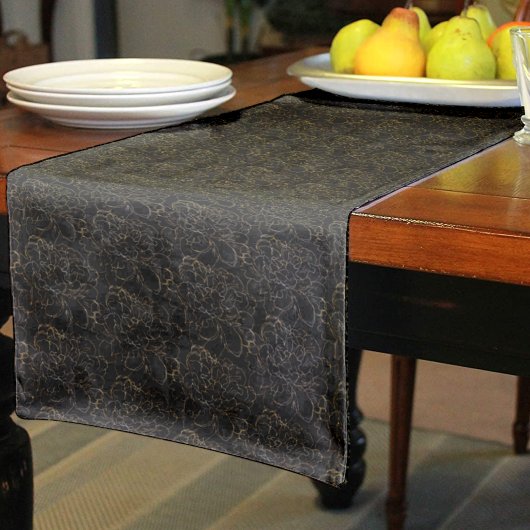 黒エレガント金ゴールド花柄 ショートテーブルランナー