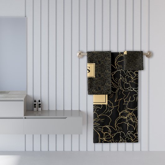 黒エレガント金ゴールド花柄 バスタオルセット